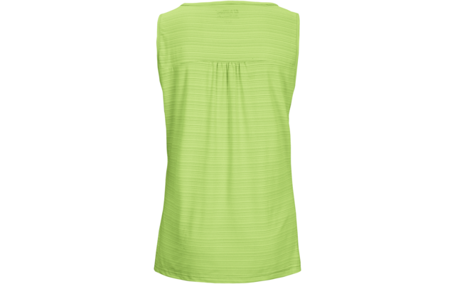 Rückansicht eines ärmellosen, hellgrünen Oberteils mit rundem Halsausschnitt, mittiger Falte am oberen Rücken und feiner horizontaler Struktur
