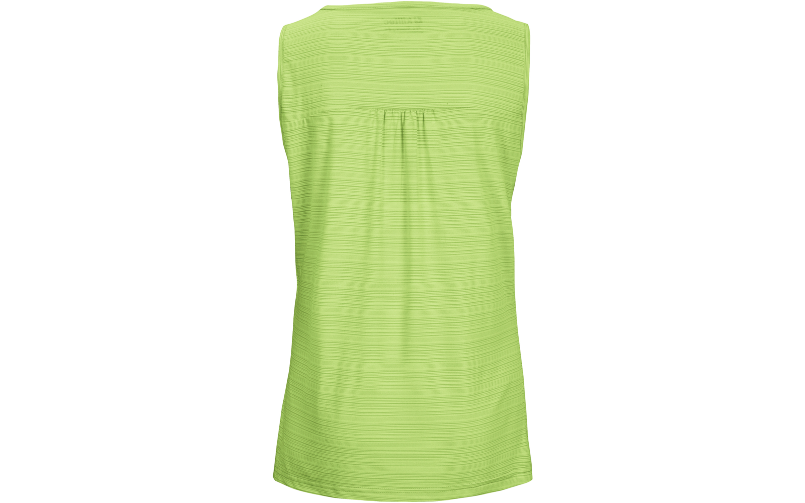 Rückansicht eines ärmellosen, hellgrünen Oberteils mit rundem Halsausschnitt, mittiger Falte am oberen Rücken und feiner horizontaler Struktur