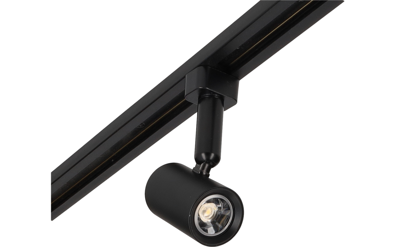 Schwarzer zylindrischer Strahler an schwarzer Schiene, sichtbare LED-Linse
