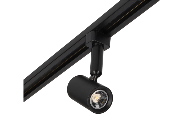 Schwarzer zylindrischer Strahler an schwarzer Schiene, sichtbare LED-Linse