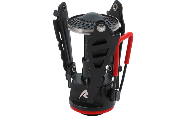 Zwart mechanisch apparaat van metaal en kunststof met ronde perforaties, opvouwbare armen en rode handgrepen op een witte achtergrond