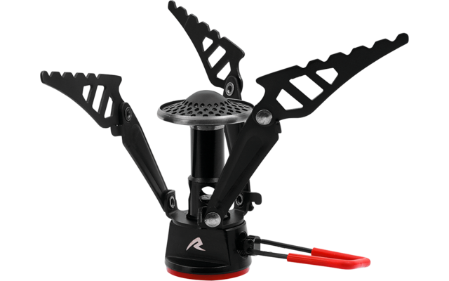 Kleine draagbare gasbrander met ronde geperforeerde branderkop, drie uitklapbare pannendragers en een rood bedieningshendel