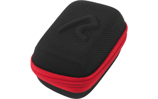 Kleine zwarte, rechthoekige harde etui met afgeronde hoeken, gestructureerd oppervlak, rode ritssluiting en geperst logo