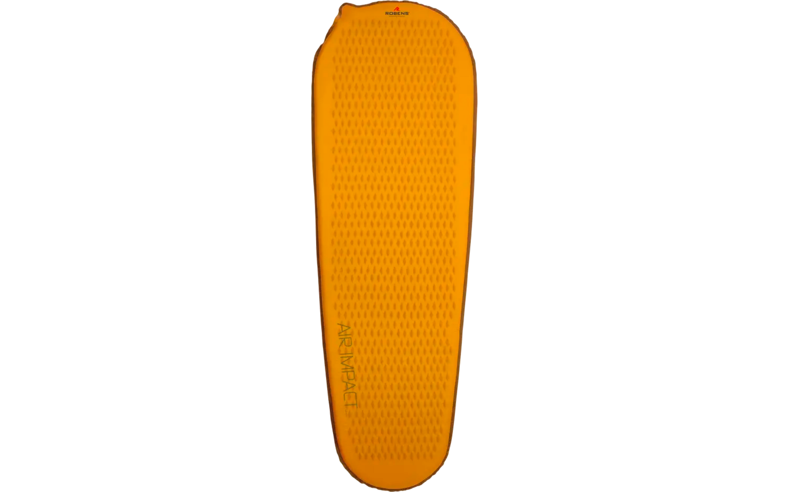 Orange, taillierte, längliche Isomatte mit strukturierter Oberfläche, sichtbares Logo oben und vertikaler Schrift an der Seite
