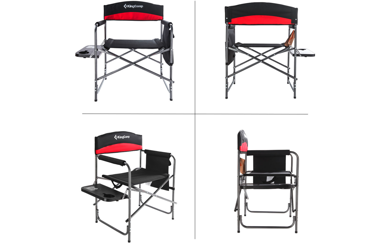 Chaise pliante noire et rouge en métal et tissu, vue sous quatre angles