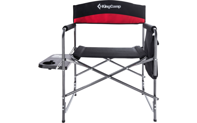 Chaise pliante noire avec tissu rouge et tablette latérale