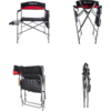 Quatre images d'une chaise pliante en tissu noir et rouge montrée sous différents angles et étapes de pliage