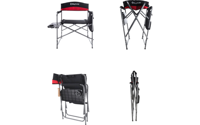 Quatre images d'une chaise pliante en tissu noir et rouge montrée sous différents angles et étapes de pliage