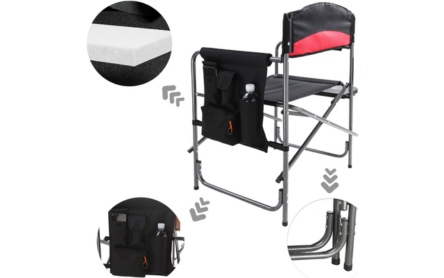 Chaise pliante noire et rouge avec table latérale intégrée et poche de rangement, présentée sous différents angles
