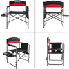 Schwarzer und roter Klappstuhl aus Metall und Stoff, vier Ansichten