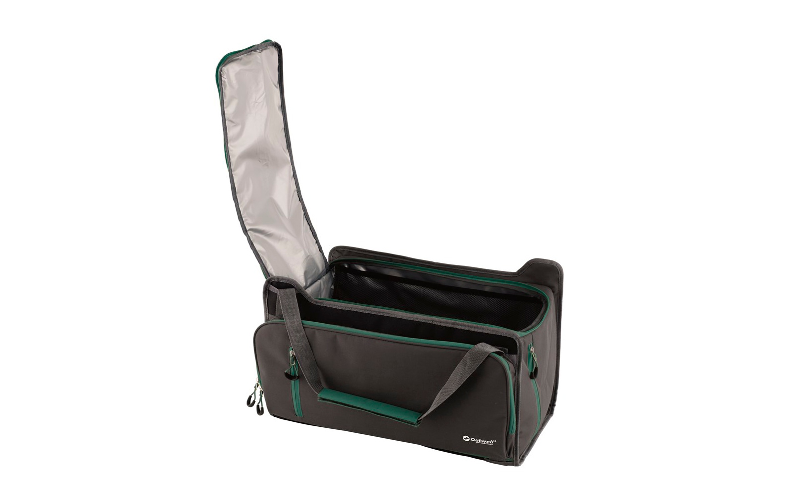 Offene schwarze Kameratasche mit grünem Akzent