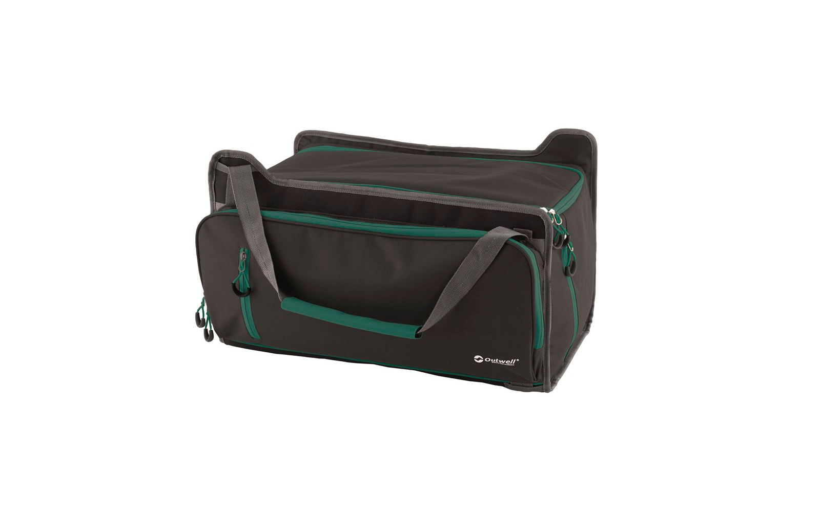 Schwarze Reisetasche mit grünen Akzenten und grauen Tragegriffen