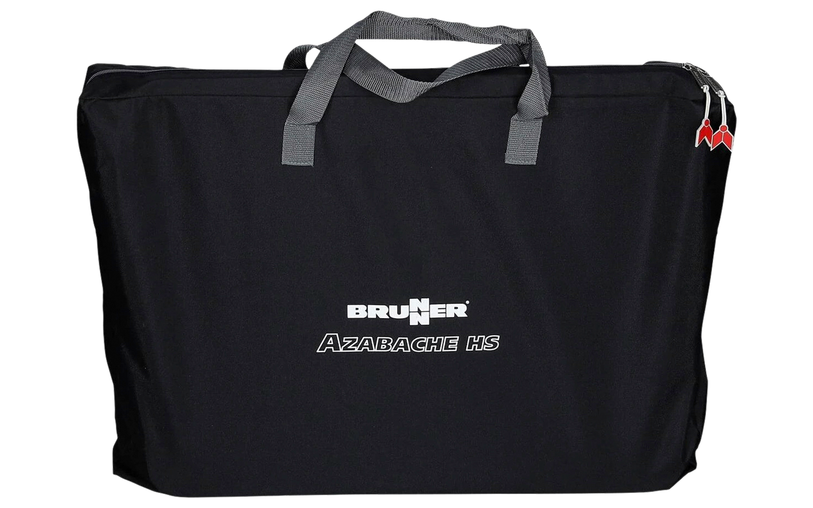 Sac de transport rectangulaire noir avec deux poignées grises, fermeture éclair sur le dessus avec curseurs rouges et inscription blanche 'BRUNNER Azabache KS' au centre