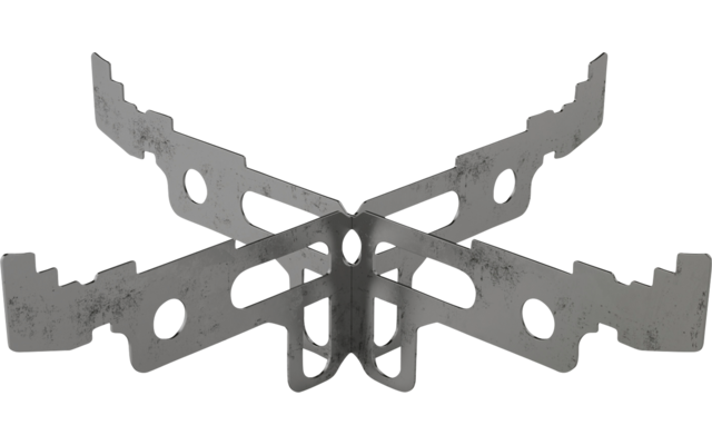 Vier geschlitzte Metallbleche mit gezackten Kanten, über Kreuz ineinander gesteckt auf einer reflektierenden glatten Oberfläche, unscharfer grauer Hintergrund