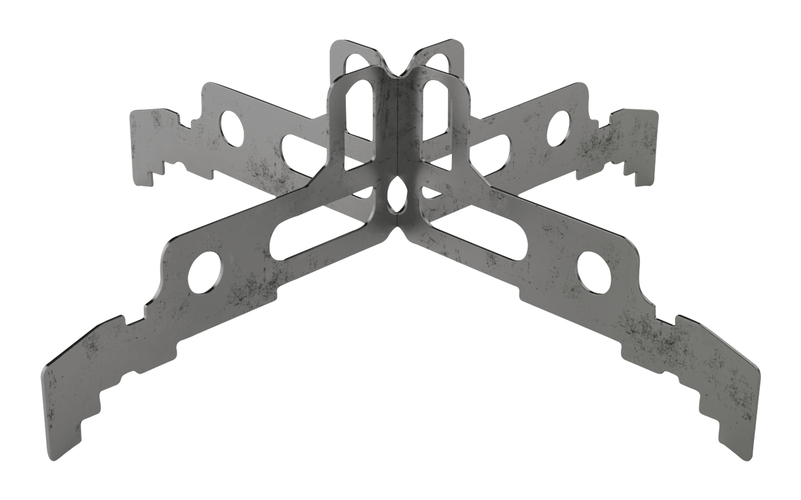 Vierarmiges silbernes Metallteil mit Aussparungen und Befestigungslöchern, stehend auf reflektierender Oberfläche vor grauem Verlaufshintergrund