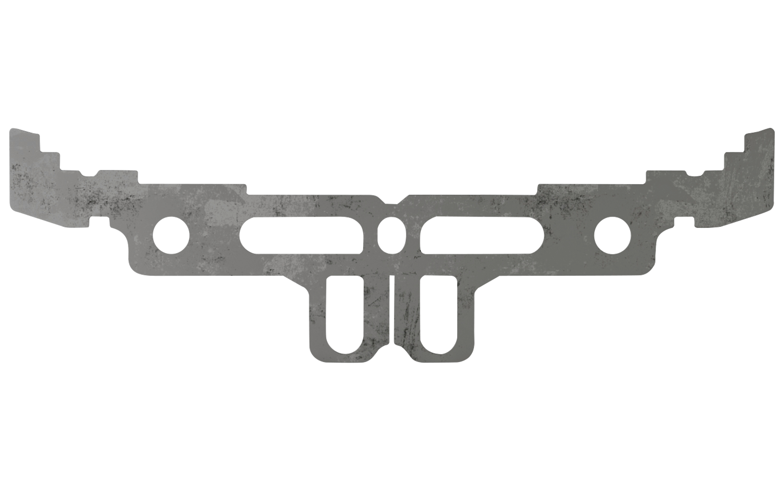 Dünnes silbernes Metallteil mit symmetrischer Form und zwei runden Löchern, liegend auf glänzender Oberfläche mit sichtbarer Spiegelung