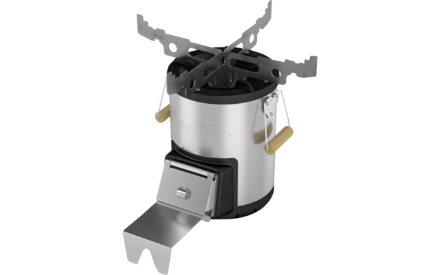 Metallisches Gerät mit drei obenstehenden Haltearmen, einer vorne herausziehbaren Schublade, zwei goldfarbenen seitlichen Griffen und schwarzem Sockel auf reflektierendem grauem Untergrund