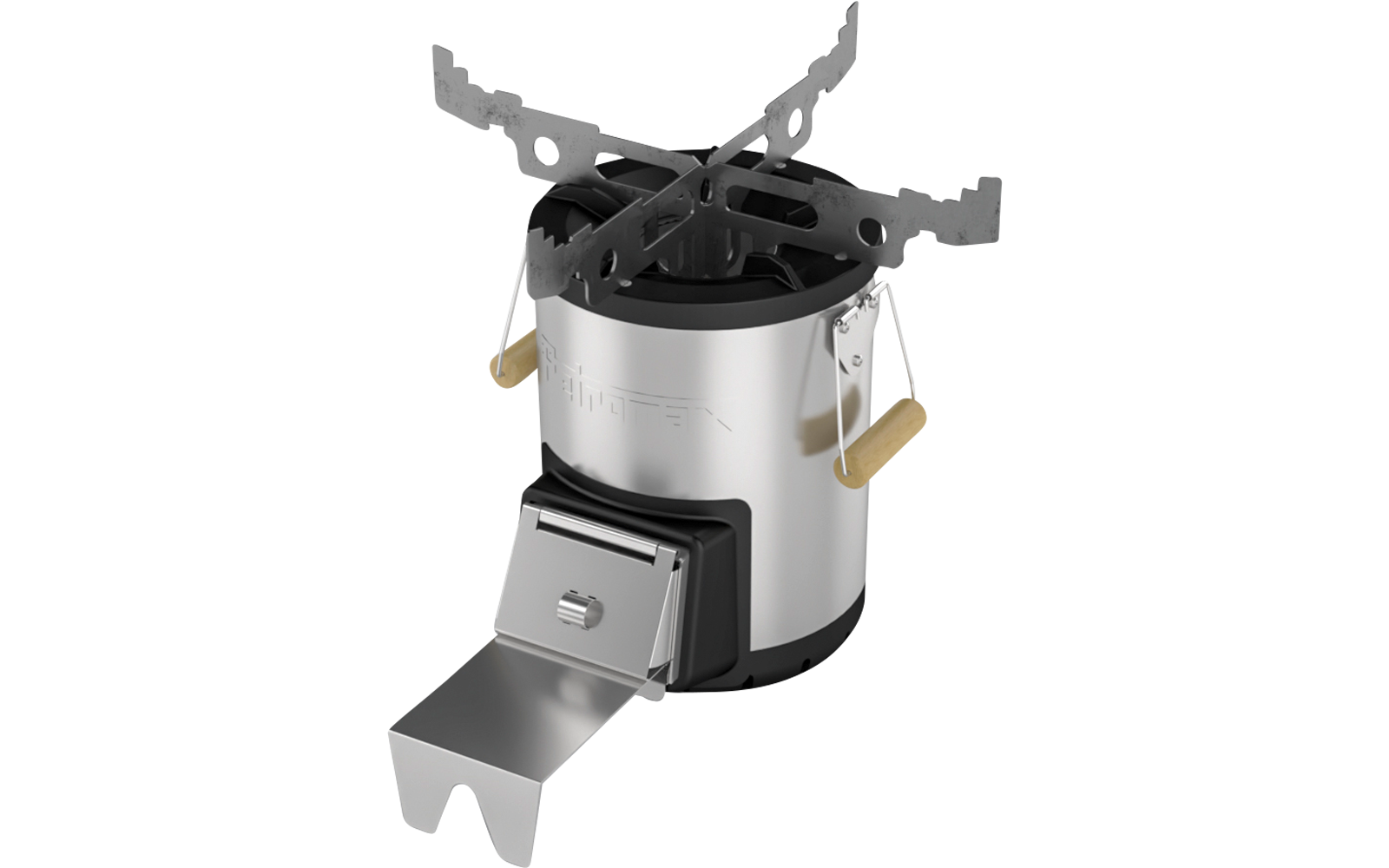 Metallisches Gerät mit drei obenstehenden Haltearmen, einer vorne herausziehbaren Schublade, zwei goldfarbenen seitlichen Griffen und schwarzem Sockel auf reflektierendem grauem Untergrund