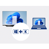 Links ein Monitor mit blauem abstraktem Hintergrund und offenem vertikalem Menü, rechts ein Laptop mit gleichem Hintergrund und kleinerem Menü, unten ein weißer Kreis mit Windows-Logo, Pluszeichen und quadratischem Button mit dem Buchstaben K