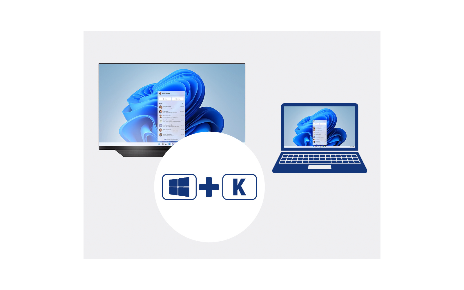 Links ein Monitor mit blauem abstraktem Hintergrund und offenem vertikalem Menü, rechts ein Laptop mit gleichem Hintergrund und kleinerem Menü, unten ein weißer Kreis mit Windows-Logo, Pluszeichen und quadratischem Button mit dem Buchstaben K
