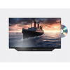 Flachbildfernseher zeigt ein großes Dampfschiff auf ruhiger See unter orangefarbenem Himmel; rechts ist eine teilweise eingesetzte glänzende Disc