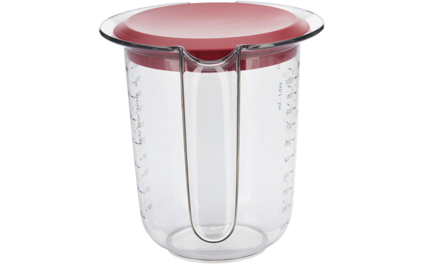 Transparante kunststofbeker met maataanduidingen aan de zijkanten, een holle verticale inzet in het midden en een vlakke roze deksel