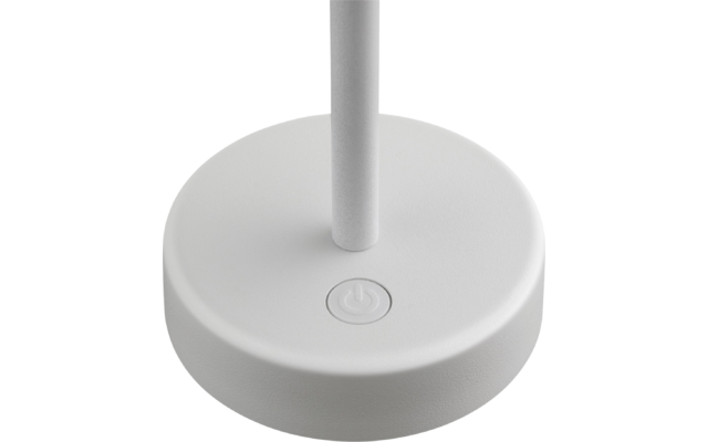Runder weißer Sockel mit vertikalem zylindrischem Stab und eingelassenem Ein-/Aus-Symbolknopf