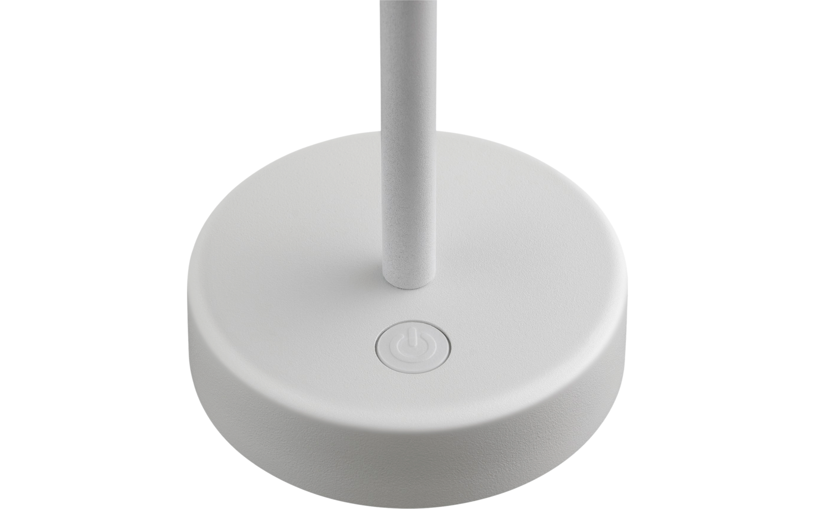 Runder weißer Sockel mit vertikalem zylindrischem Stab und eingelassenem Ein-/Aus-Symbolknopf