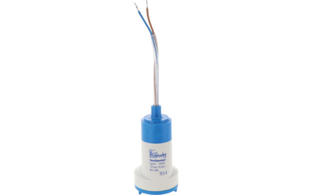 Cilindrisch wit lichaam met blauwe kap, papieren etiket met blauwe tekst, drie uitstekende draden (bruin, blauw, transparant/wit) met gestript koperen uiteinden