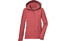 Chaqueta color coral con capucha, cremallera frontal y bolsillos laterales con cremallera