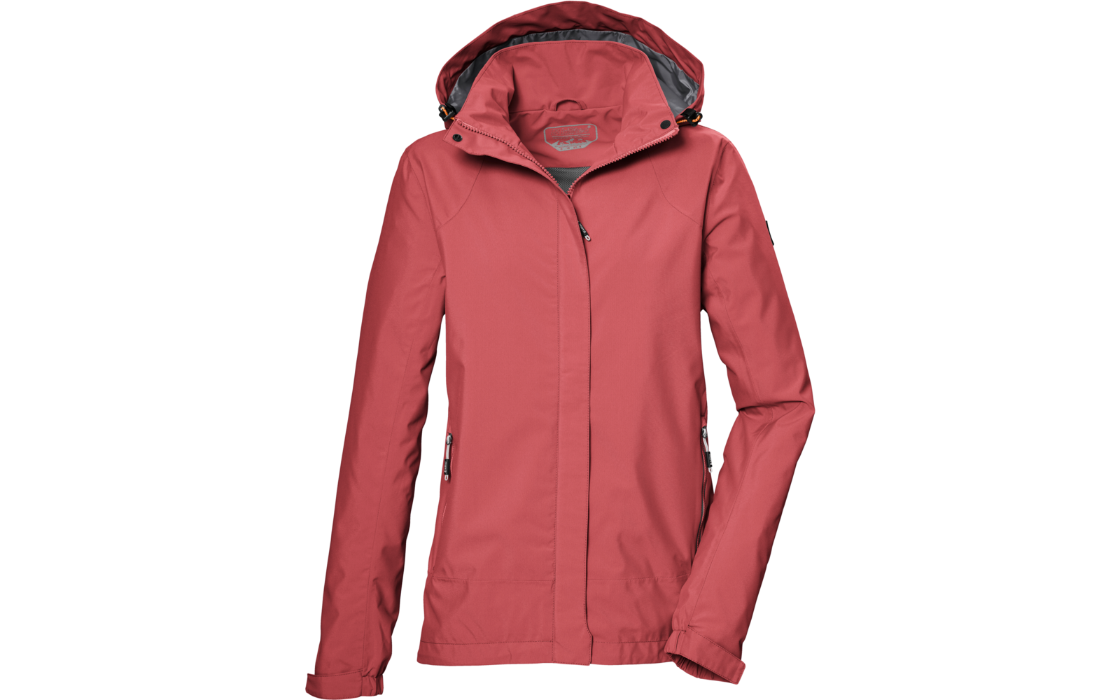 Chaqueta color coral con capucha, cremallera frontal y bolsillos laterales con cremallera