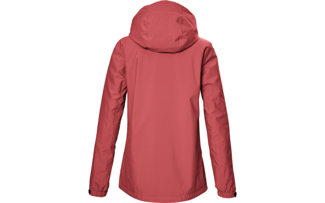 Chaqueta roja con capucha vista por detrás, mangas largas, puños elásticos con botones a presión