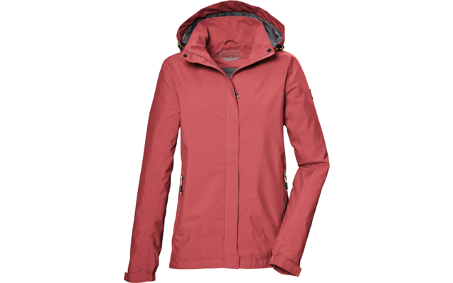 Chaqueta color coral con capucha, cremallera frontal y bolsillos laterales con cremallera