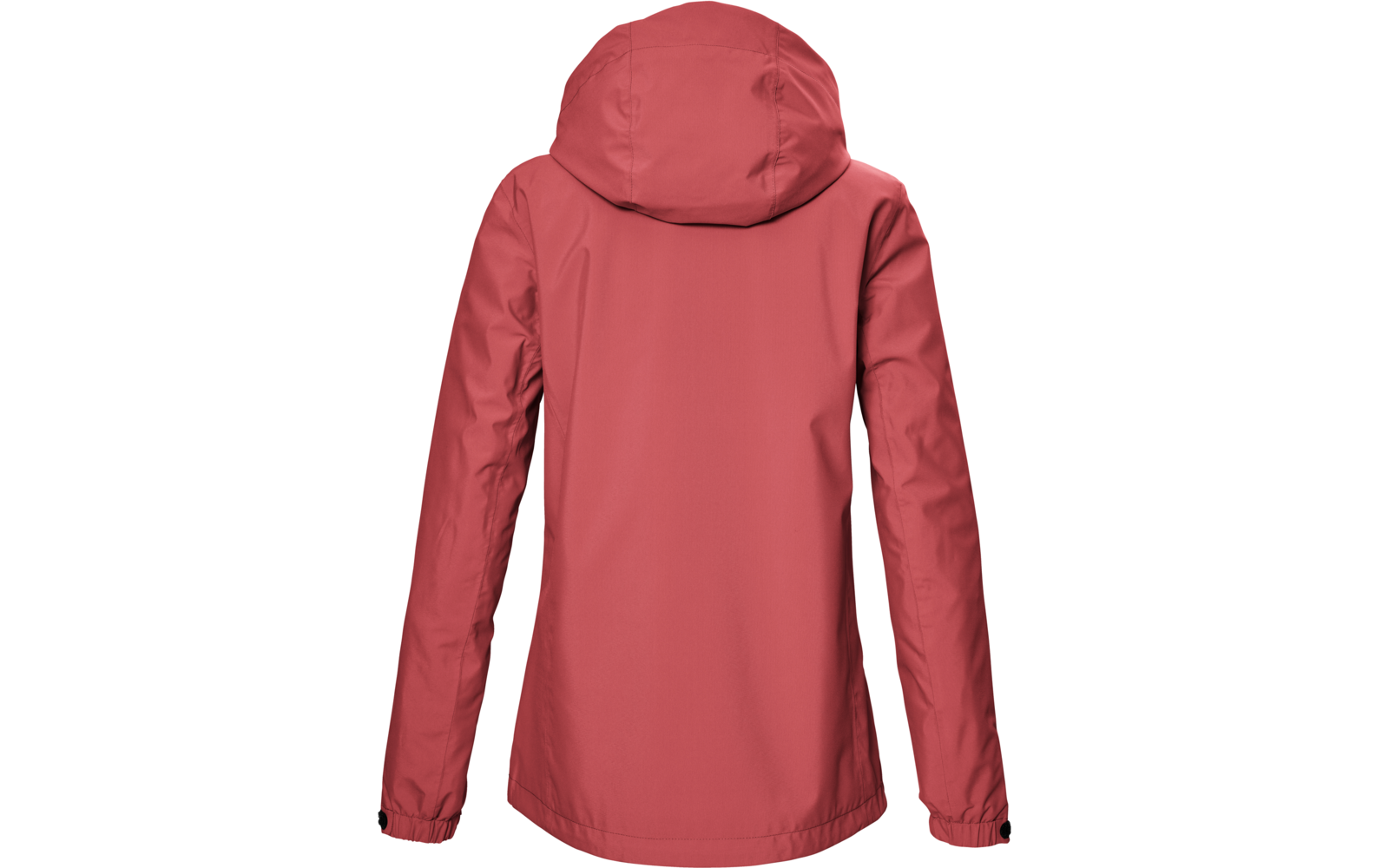 Chaqueta roja con capucha vista por detrás, mangas largas, puños elásticos con botones a presión