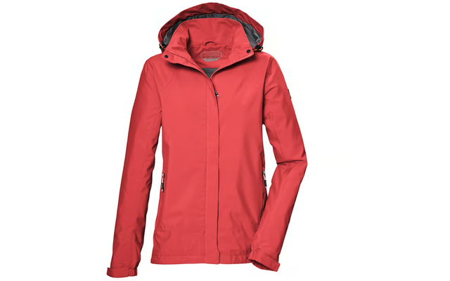 Rote Jacke mit Kapuze, langen Ärmeln, verdecktem Frontreißverschluss und seitlichen Reißverschlusstaschen auf weißem Hintergrund