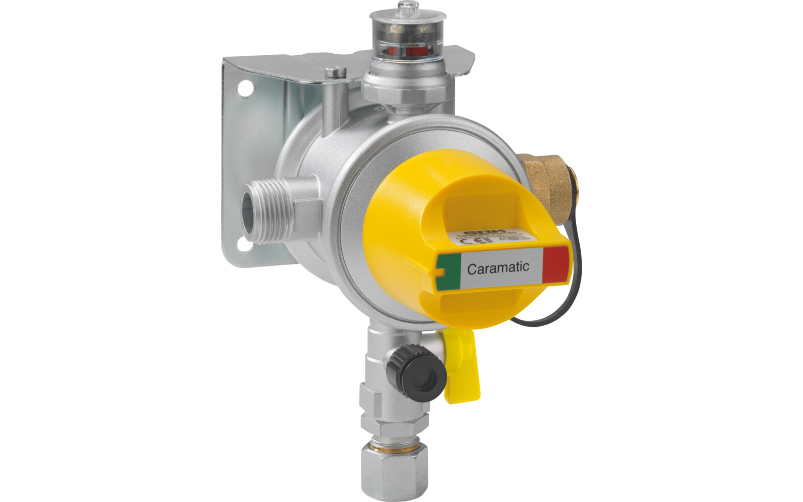 Round silver metal housing with a yellow cover labeled 'Caramatic', metal mounting plate, visible brass and threaded connectors, small gauge on top