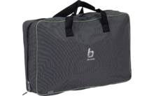 Sac rectangulaire en tissu gris foncé avec deux poignées, fermeture à glissière, galon vert et logo 'bo-camp' à l'avant