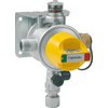 Silver metal device with a yellow round plastic cap, label "Caramatic", metal mounting bracket, threaded connectors and black control knob