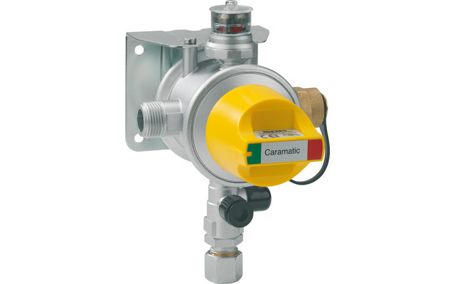 Silver metal device with a yellow round plastic cap, label "Caramatic", metal mounting bracket, threaded connectors and black control knob