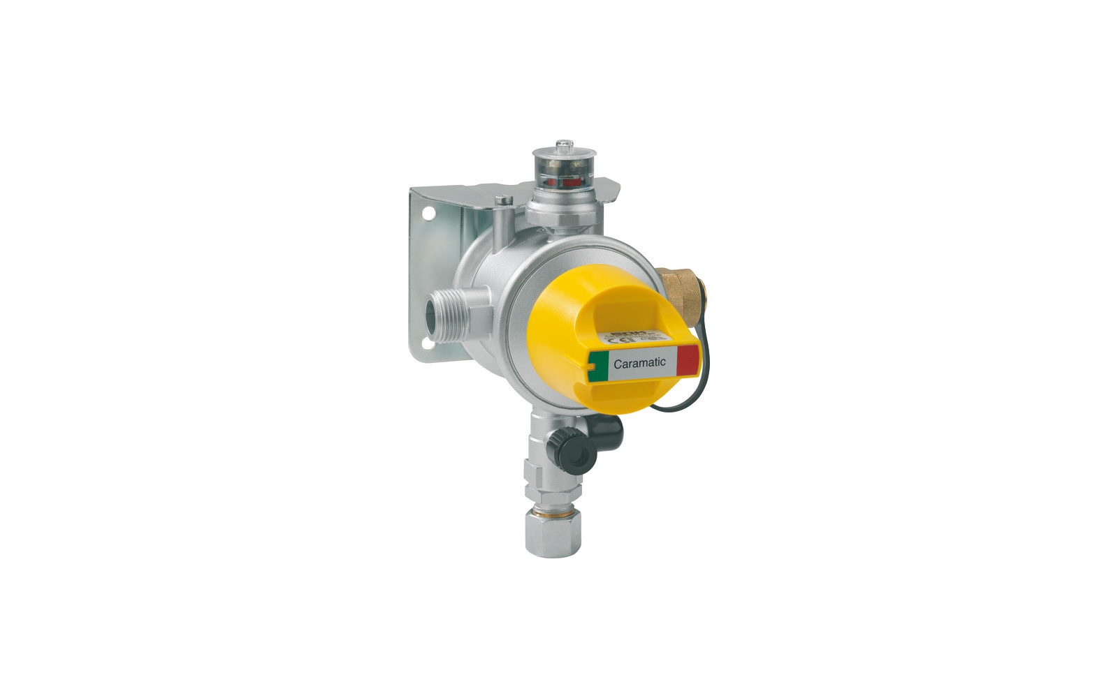 Silver metal device with a yellow round plastic cap, label "Caramatic", metal mounting bracket, threaded connectors and black control knob