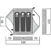 Schematische Draufsicht und Seitenansicht eines Zeltes mit drei rechteckigen Schlafmatten mit Kopfumrissen, offenen Seitentüren, Zeltnägeln und Maßangaben (85, 70, 180, 320, 220, 225)
