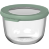 Ronde transparante bak met mintgroene deksel, doorzichtig inzetstuk in het midden en klein lipje aan de rand, leeg