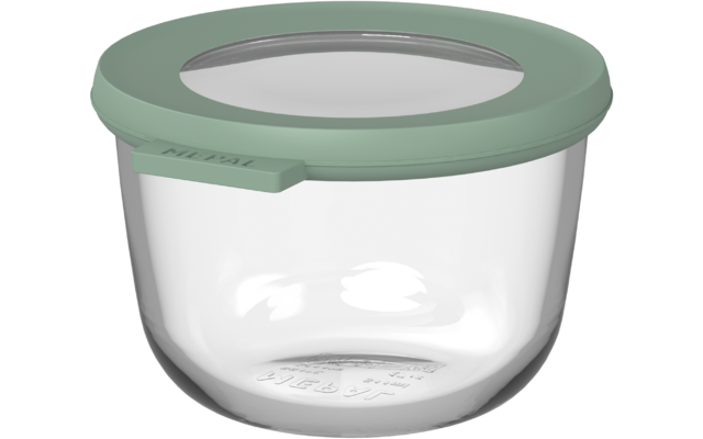 Ronde transparante bak met mintgroene deksel, doorzichtig inzetstuk in het midden en klein lipje aan de rand, leeg