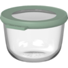Runder transparenter Behälter mit mintgrünem Deckel, durchsichtigem Einsatz in der Mitte und kleiner Lasche am Rand, leer