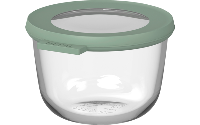 Runder transparenter Behälter mit mintgrünem Deckel, durchsichtigem Einsatz in der Mitte und kleiner Lasche am Rand, leer