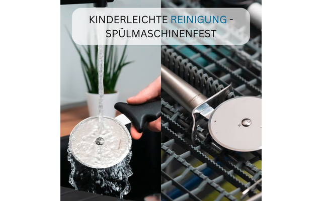 Zweigeteiltes Bild: links Hand hält Pizzaroller unter fließendem Wasser im Spülbecken, Topfpflanze im Hintergrund; rechts Pizzaroller liegt im oberen Geschirrspülkorb. Oben Textbanner: 'KINDERLEICHTE REINIGUNG - SPÜLMASCHINENFEST'