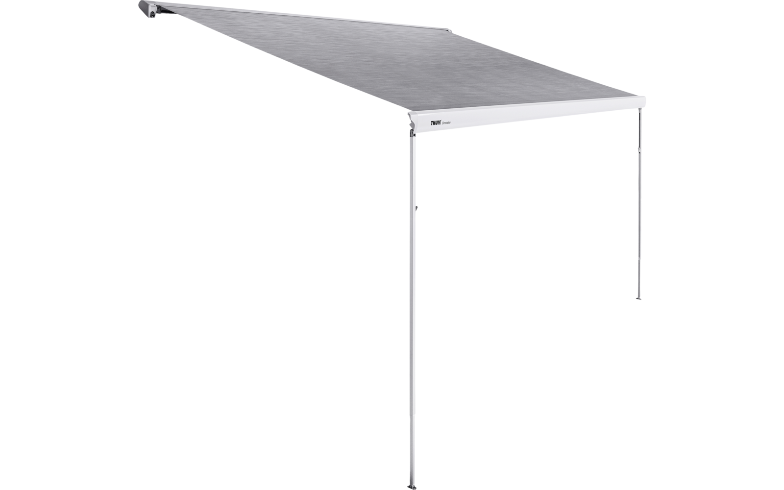 Weiße Markise aus Stoff mit Metallgestell, seitlich gespannt