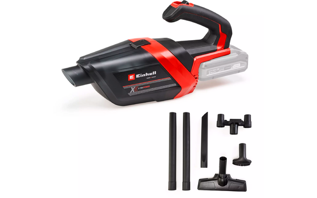 Schwarz-roter Einhell Handstaubsauger mit Griff und Düse, dazu fünf Aufsätze (drei Verlängerungsrohre, Fugendüse, Bodendüse) auf weißem Hintergrund