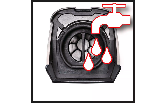 Schwarzes quadratisches Kunststoffgehäuse mit runder Gitteröffnung in der Mitte auf weißem Hintergrund; oben rechts rotes Symbol eines Wasserhahns mit drei Wassertropfen