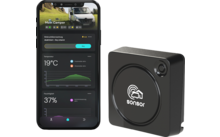 Écran de smartphone montrant en haut une photo d'un camping-car, texte 'Mein Camper', température '19°C', humidité '37%' et graphiques ; à côté, un appareil carré noir avec un insert circulaire et le logo 'sonsor'